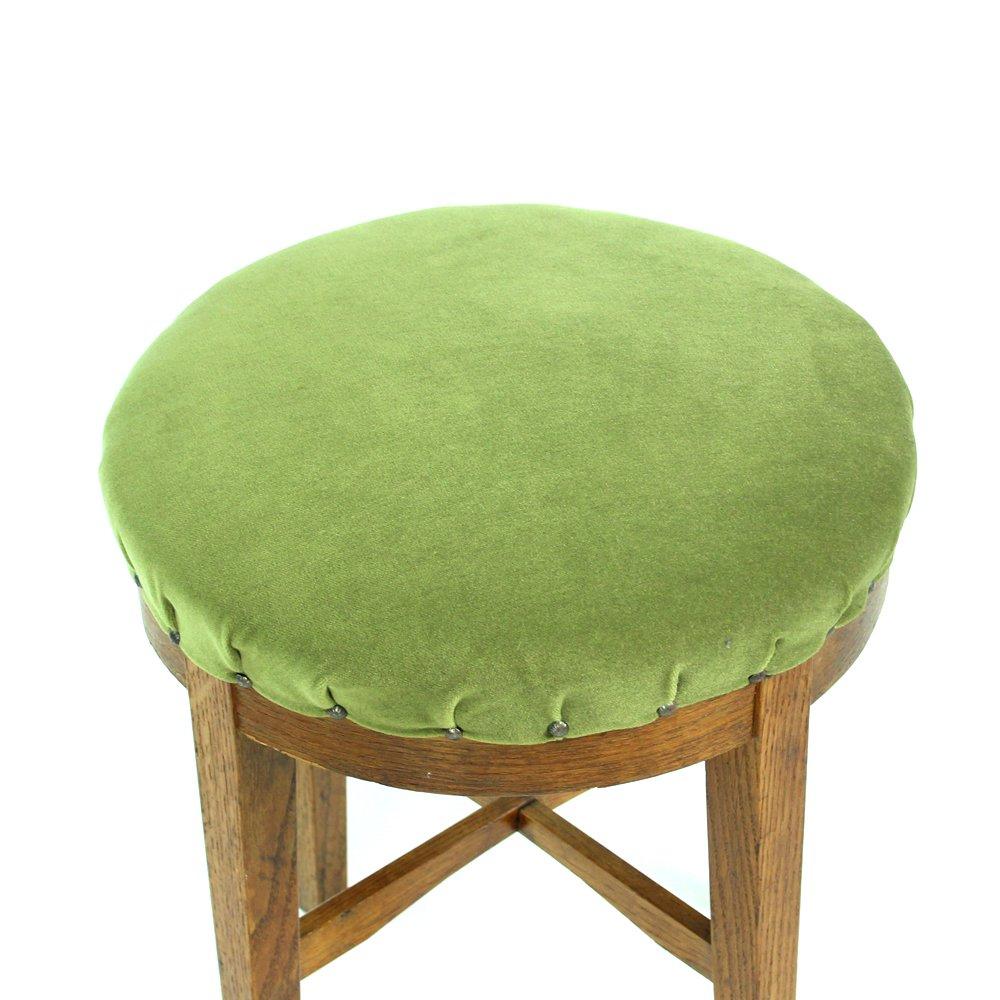 20th Century Round Stool in Green Fabric and Oak, Czechoslovakia, 1950s For Sale