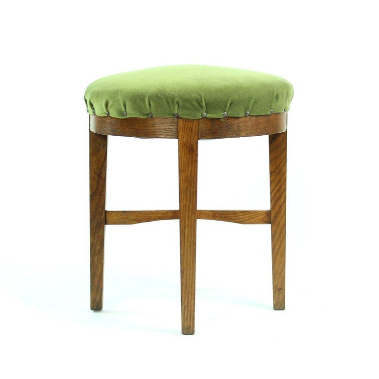 Round Stool in Green Fabric and Oak, Czechoslovakia, 1950s For Sale at