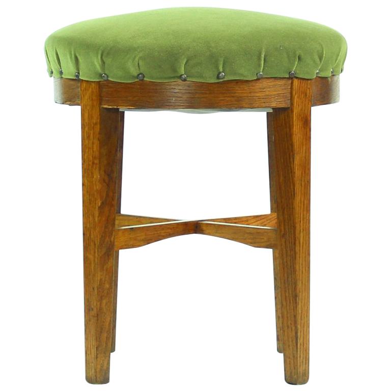 Round Stool in Green Fabric and Oak, Czechoslovakia, 1950s For Sale