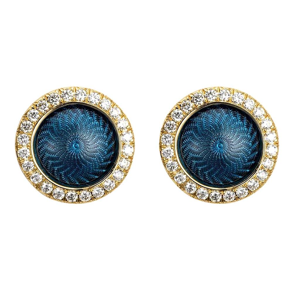 Round Stud Earrings 18k Yellow Gold Blue Guilloche Enamel 48 Diamonds 0.36 ct