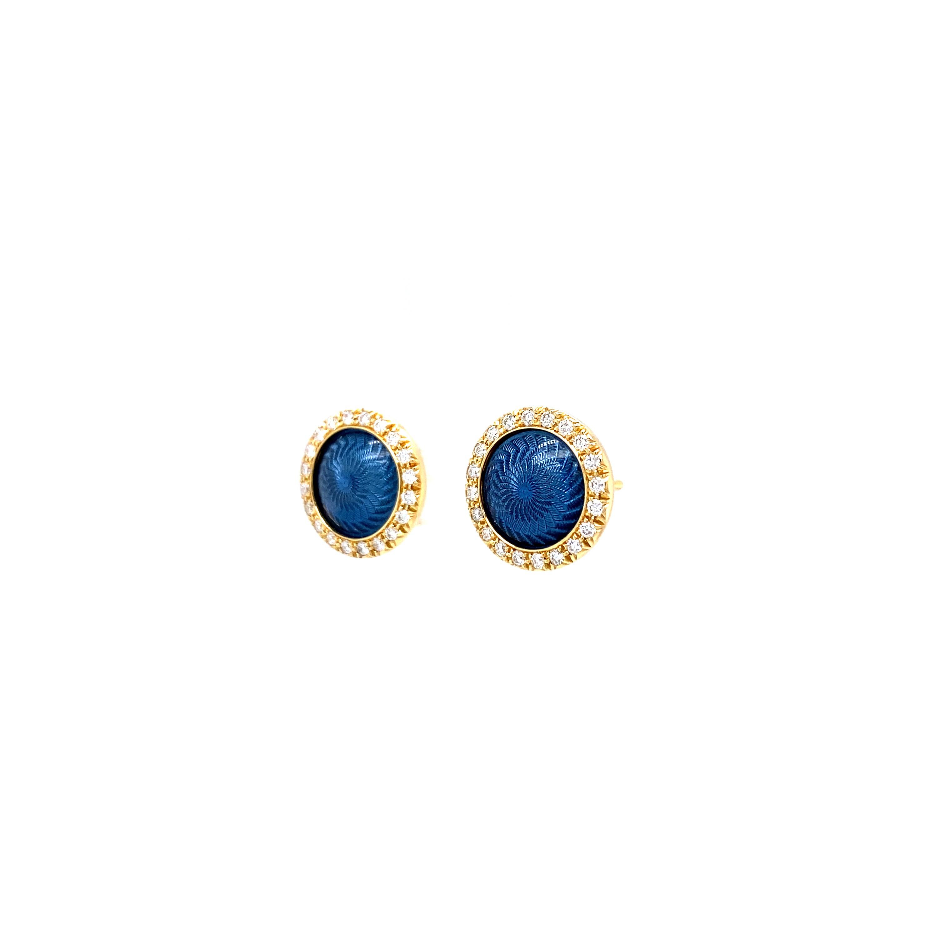 Contemporary Round Stud Earrings 18k Yellow Gold Blue Vitreous Enamel 40 Diamonds 0.30 Carat For Sale