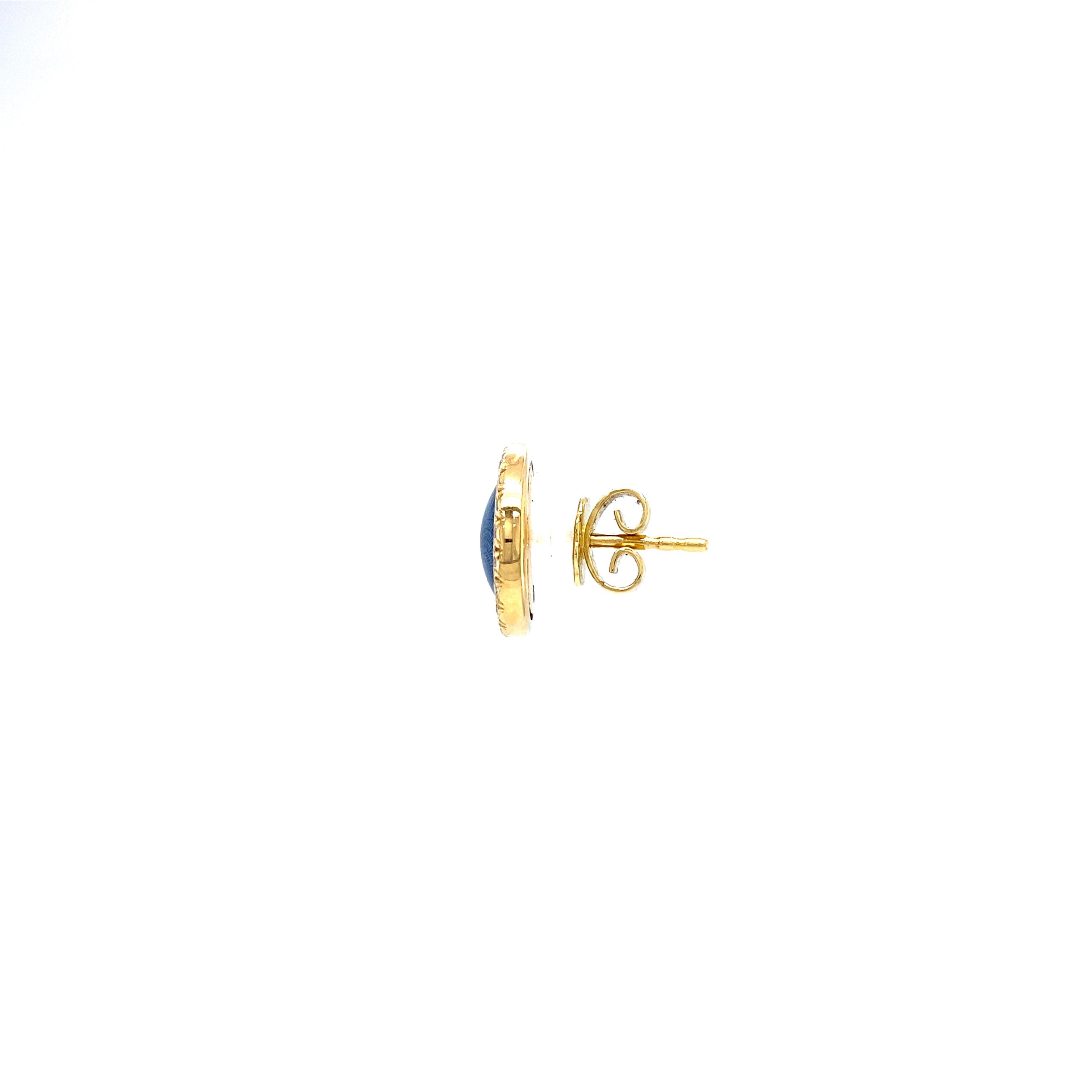 Round Stud Earrings 18k Yellow Gold Blue Vitreous Enamel 40 Diamonds 0.30 Carat In New Condition For Sale In Pforzheim, DE