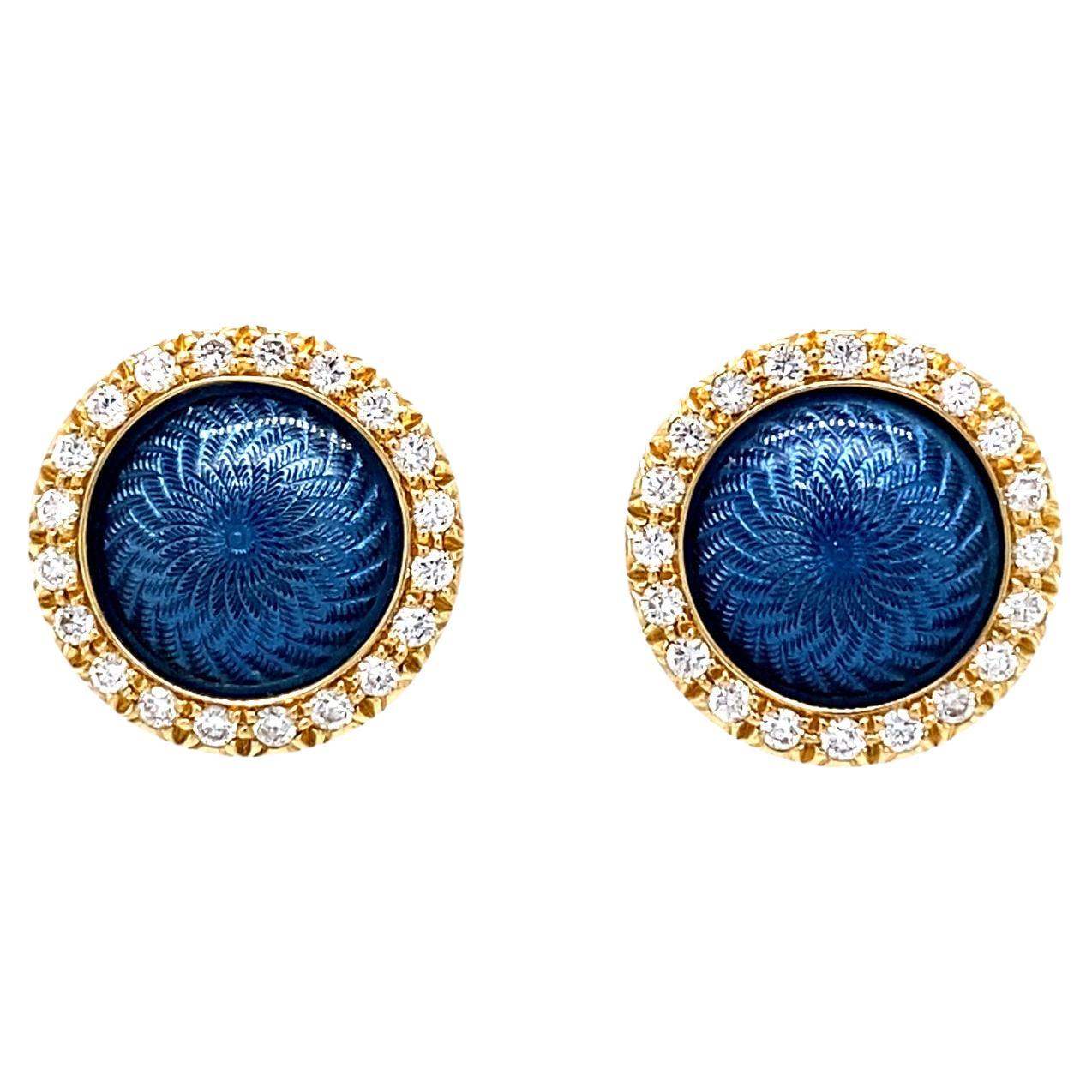 Round Stud Earrings 18k Yellow Gold Blue Vitreous Enamel 40 Diamonds 0.30 Carat For Sale
