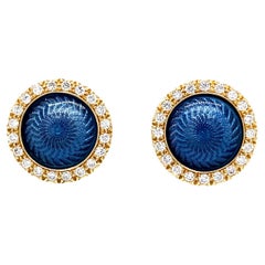 Round Stud Earrings 18k Yellow Gold Blue Vitreous Enamel 40 Diamonds 0.30 Carat