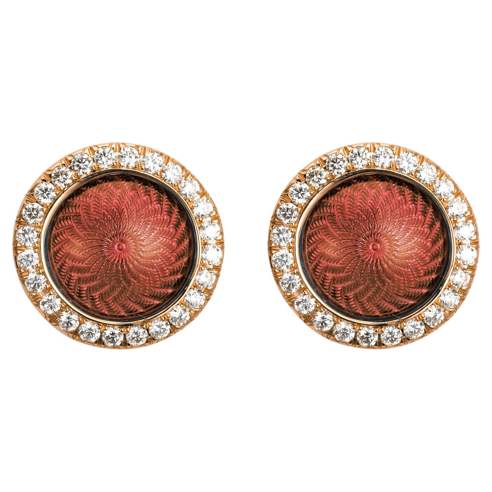 Round Stud Earrings 18k Yellow Gold Pink Guilloche Enamel 48 Diamonds 0.36 ct For Sale