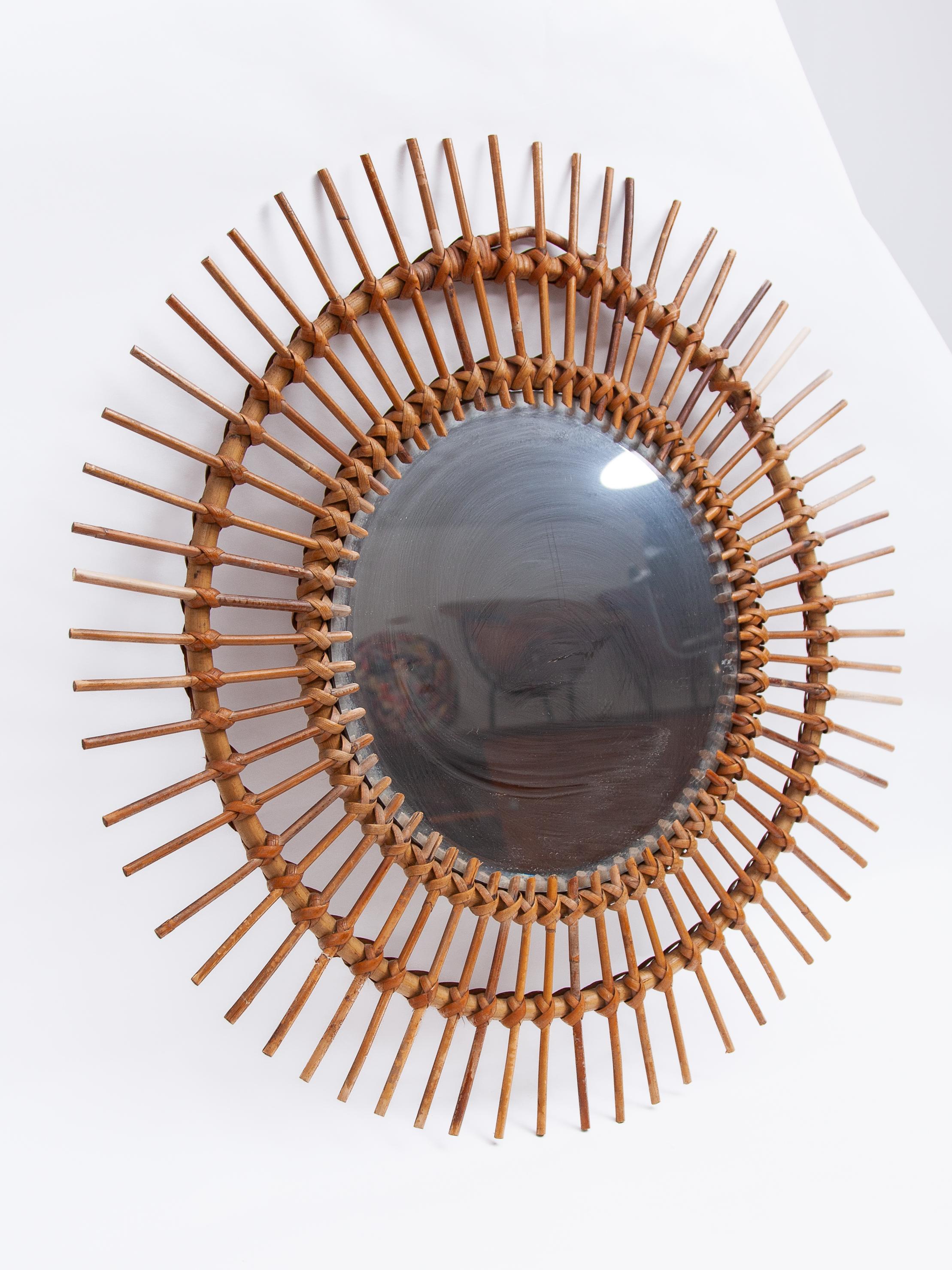Mid-Century Modern Round Sun Burst 1950s Bamboo Wall Mirror, France For Sale