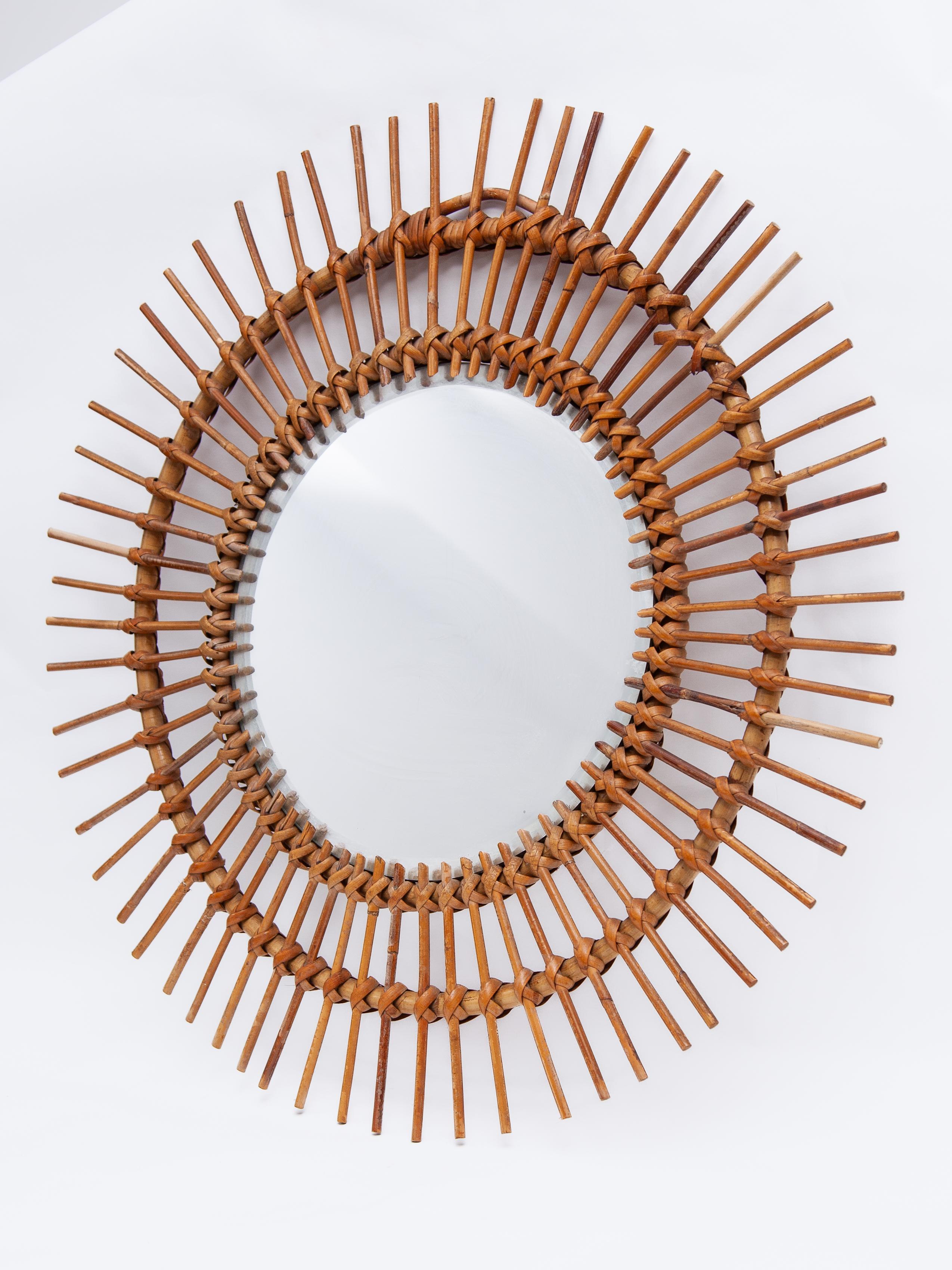 French Round Sun Burst 1950s Bamboo Wall Mirror, France For Sale