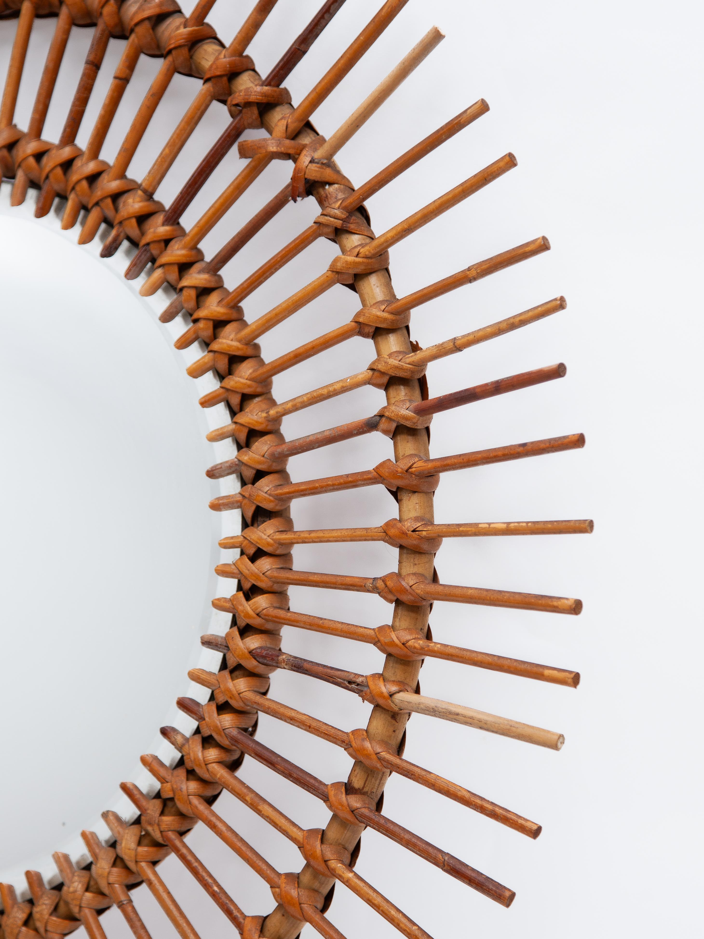 Hand-Crafted Round Sun Burst 1950s Bamboo Wall Mirror, France For Sale