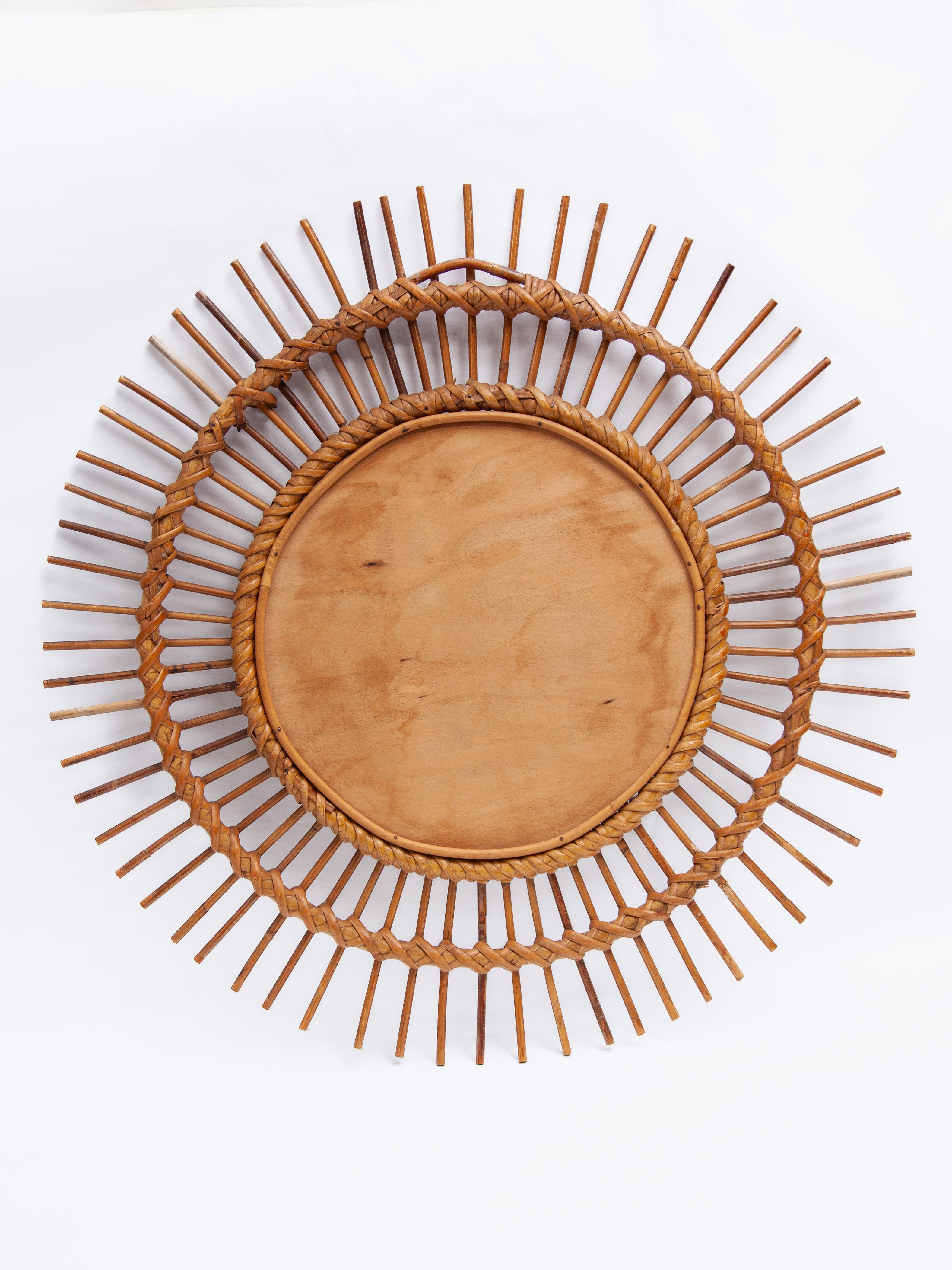 Mid-20th Century Round Sun Burst 1950s Bamboo Wall Mirror, France For Sale