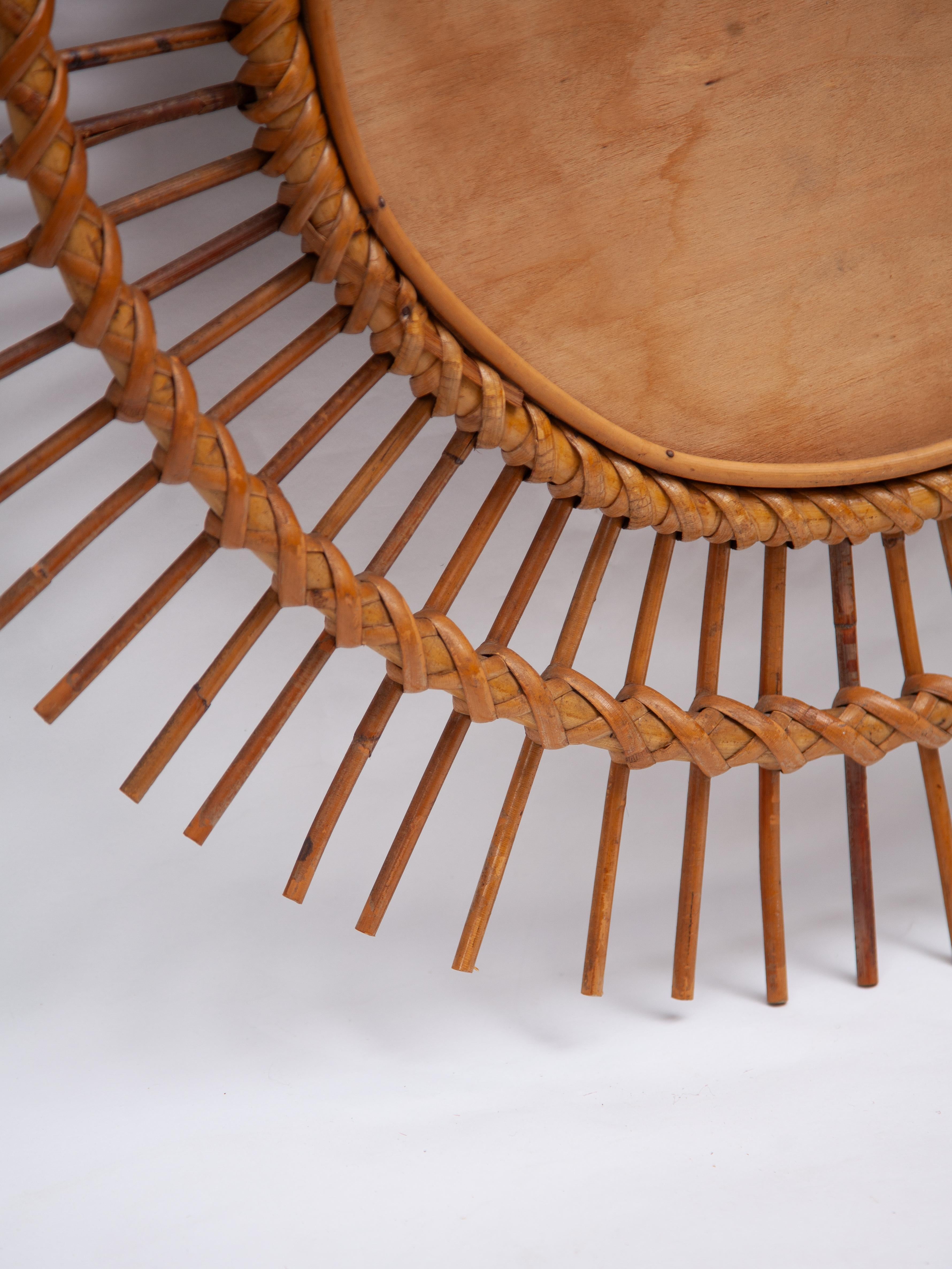 Round Sun Burst 1950s Bamboo Wall Mirror, France For Sale 1
