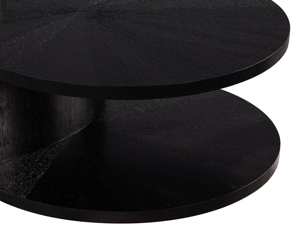 Modern Round Sunburst Oak Marble Pedestal Black Cocktail Coffee Table