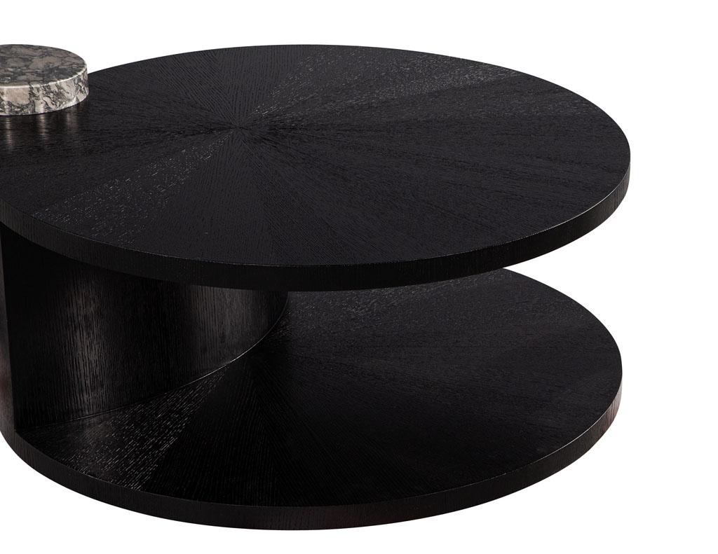 Round Sunburst Oak Marble Pedestal Black Cocktail Coffee Table In Excellent Condition In North York, ON