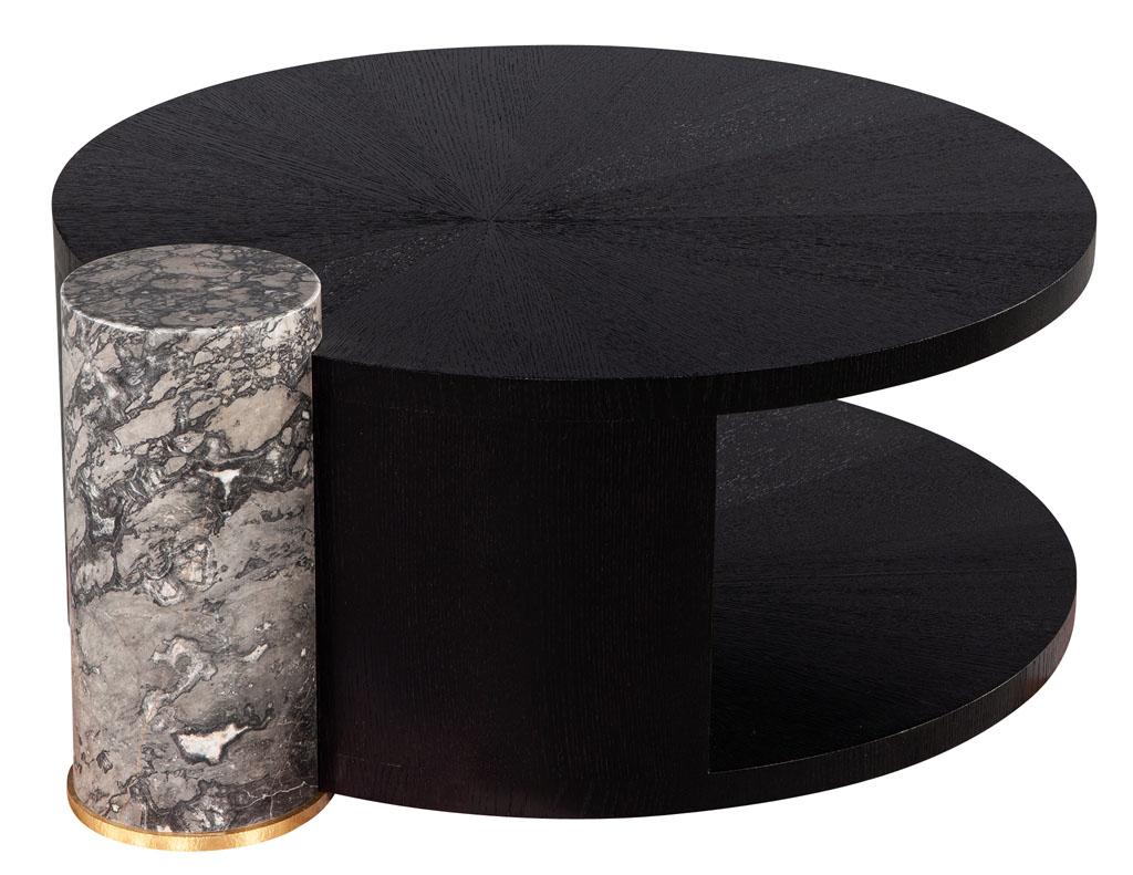 Contemporary Round Sunburst Oak Marble Pedestal Black Cocktail Coffee Table