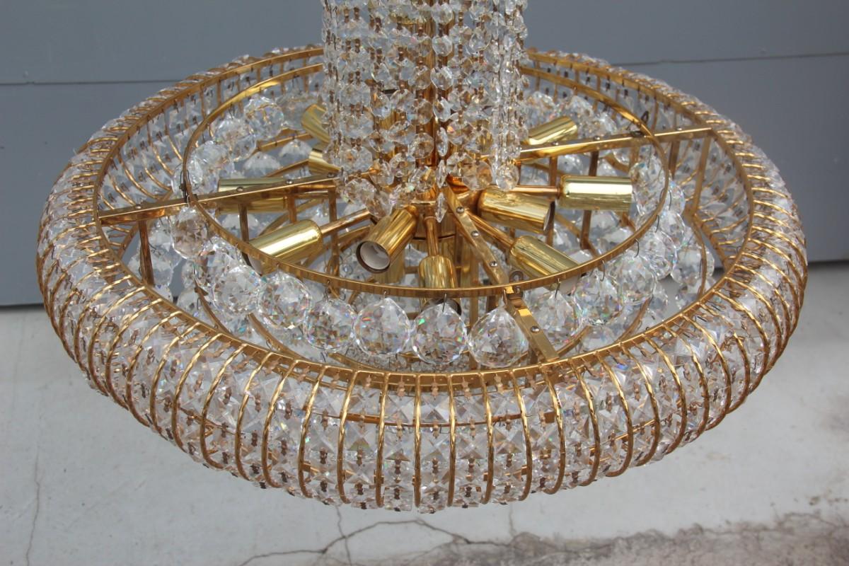 Gold Plate Round Swarovski Chandelier 1970 Gold-Plated Crystal Italian Design Diamond For Sale