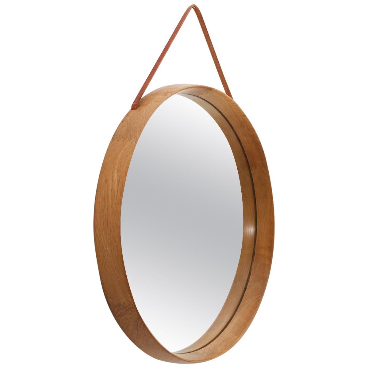 Round Swedish Midcentury Mirror in Oak by Uno & Östen Kristiansson for Luxus