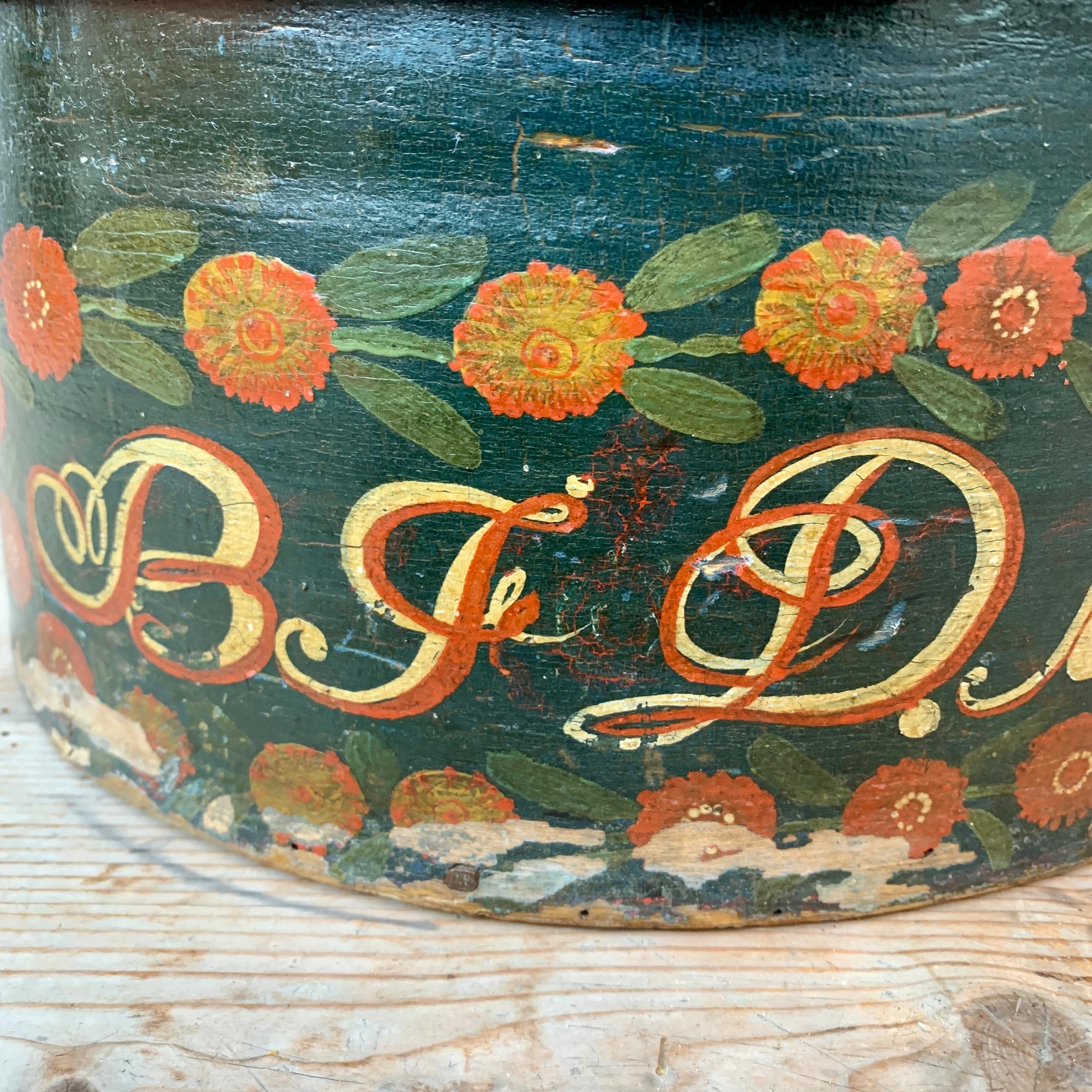 Round Swedish Original Painted Folk Art Hat Box Dated 1815 11
