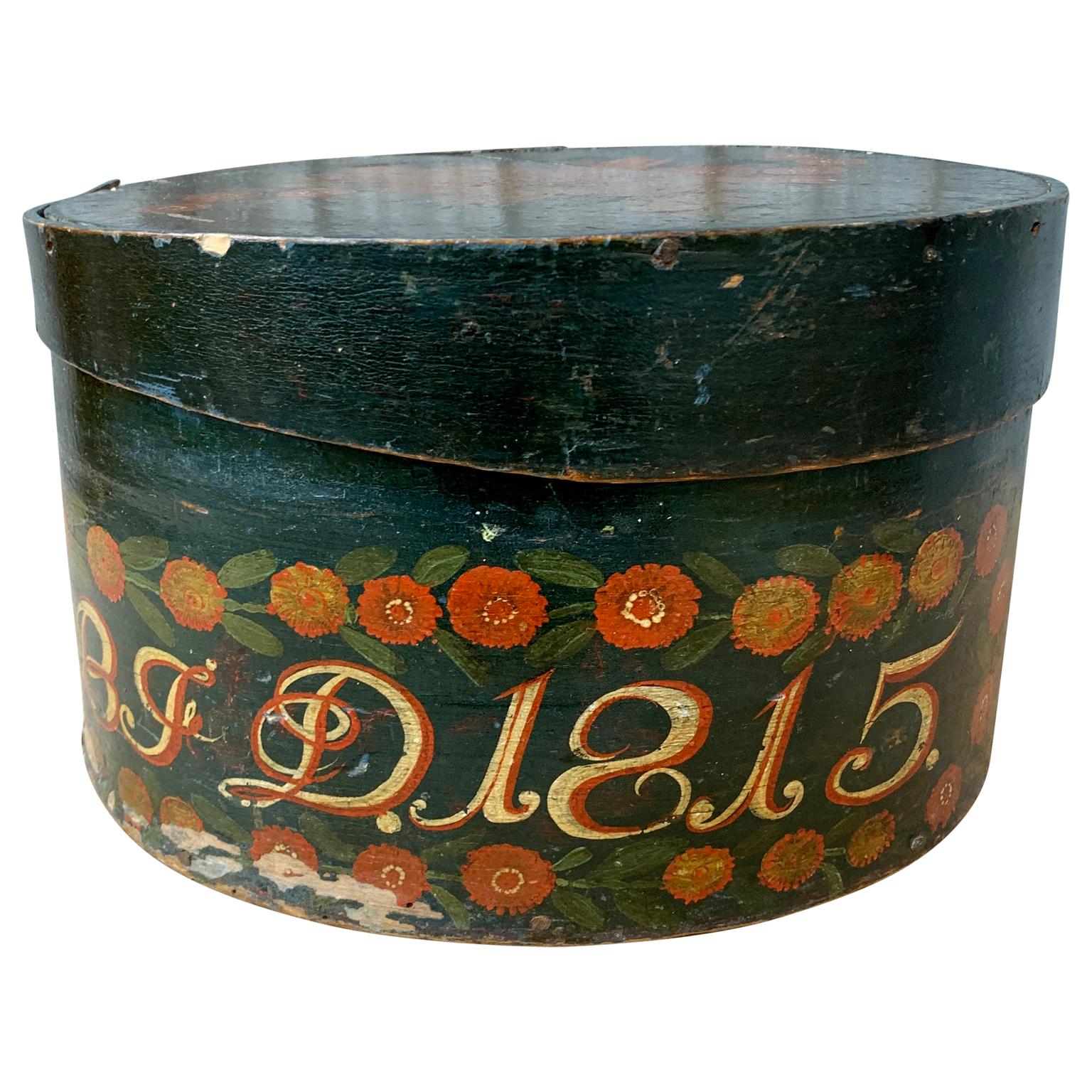 Round Swedish Original Painted Folk Art Hat Box Dated 1815 In Good Condition In Haddonfield, NJ