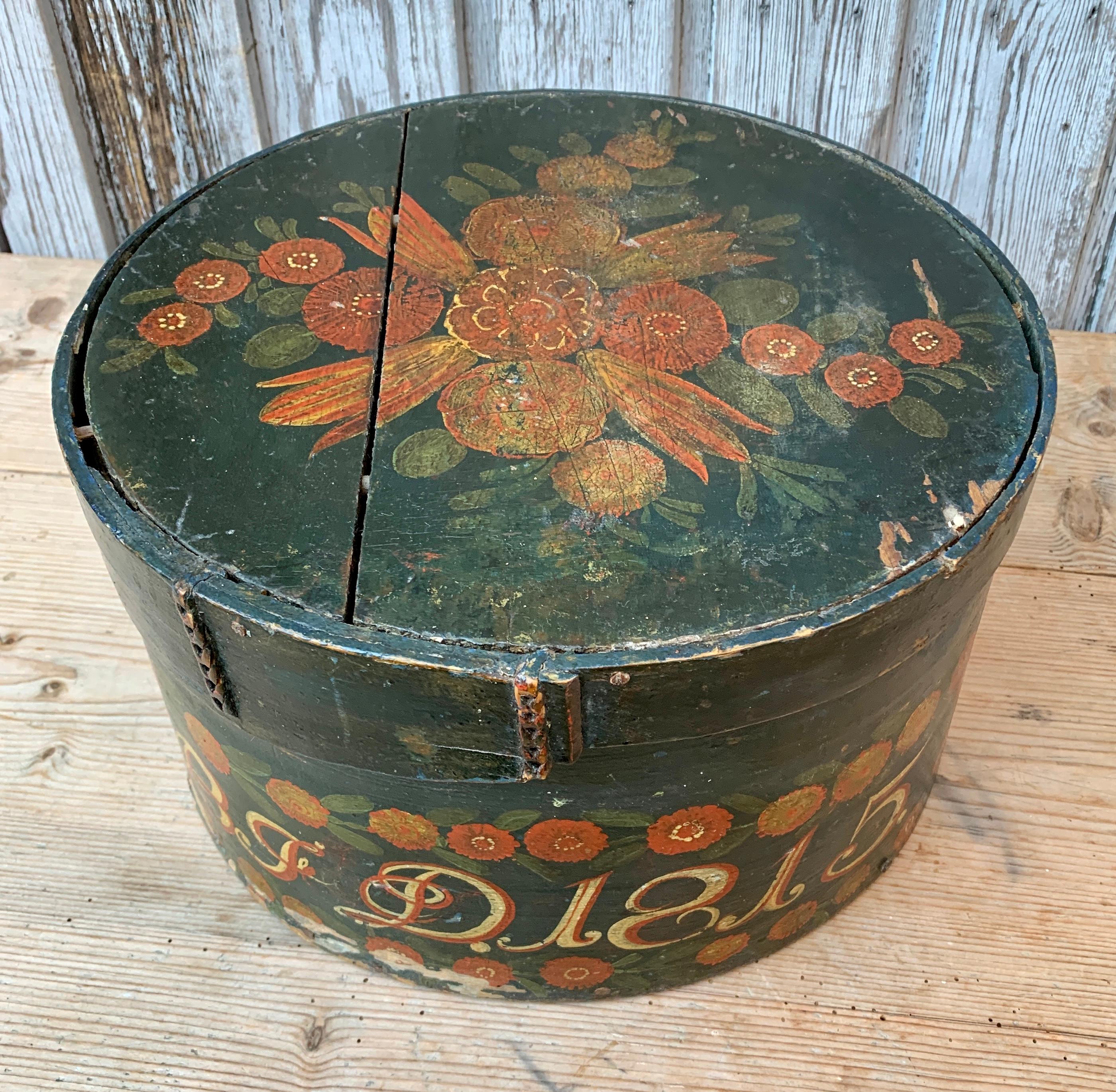 Pine Round Swedish Original Painted Folk Art Hat Box Dated 1815