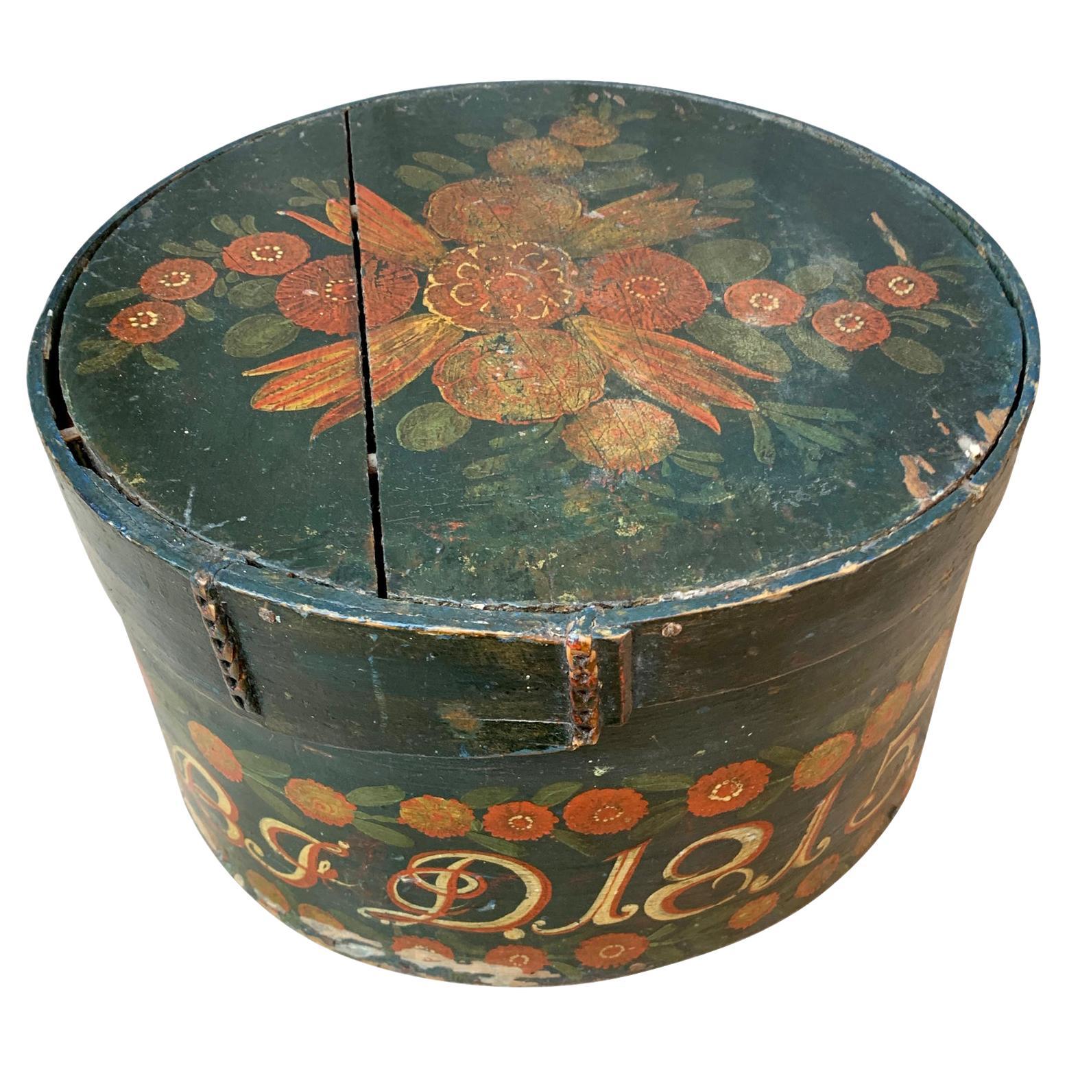 Round Swedish Original Painted Folk Art Hat Box Dated 1815