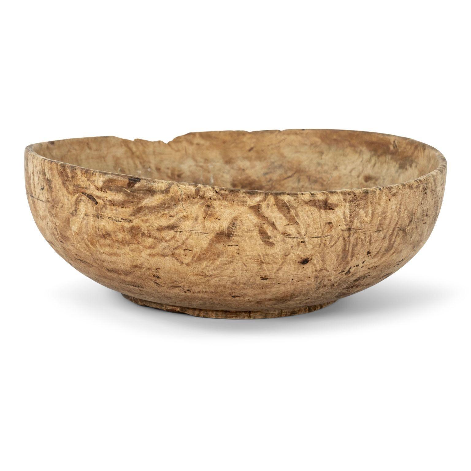 Round Swedish root wood bowl: large hand-carved round burled root wood bowl with nice patina and coloration.