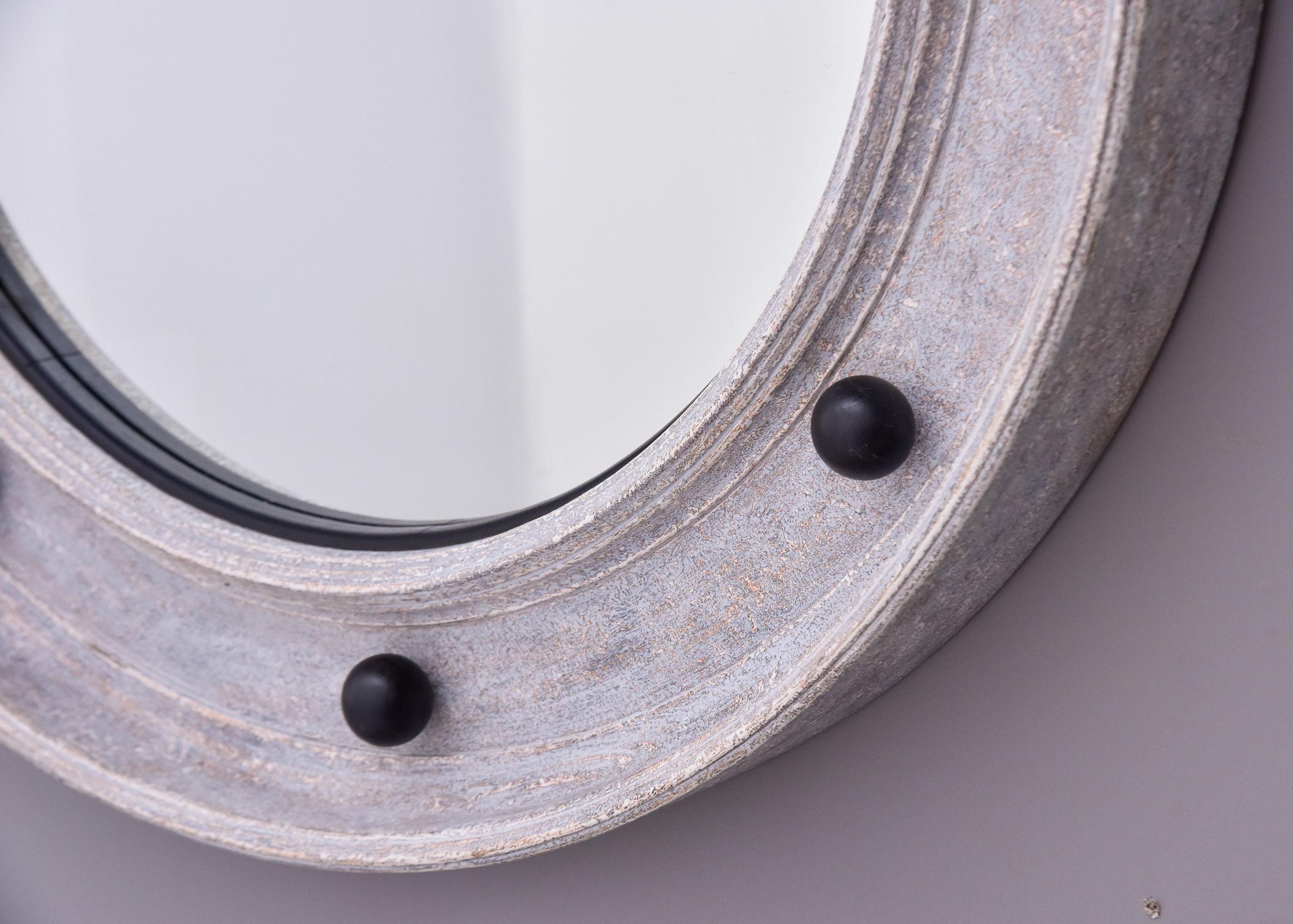 English Round Swedish Style Mirror with Gray Paint and Black Spheres For Sale