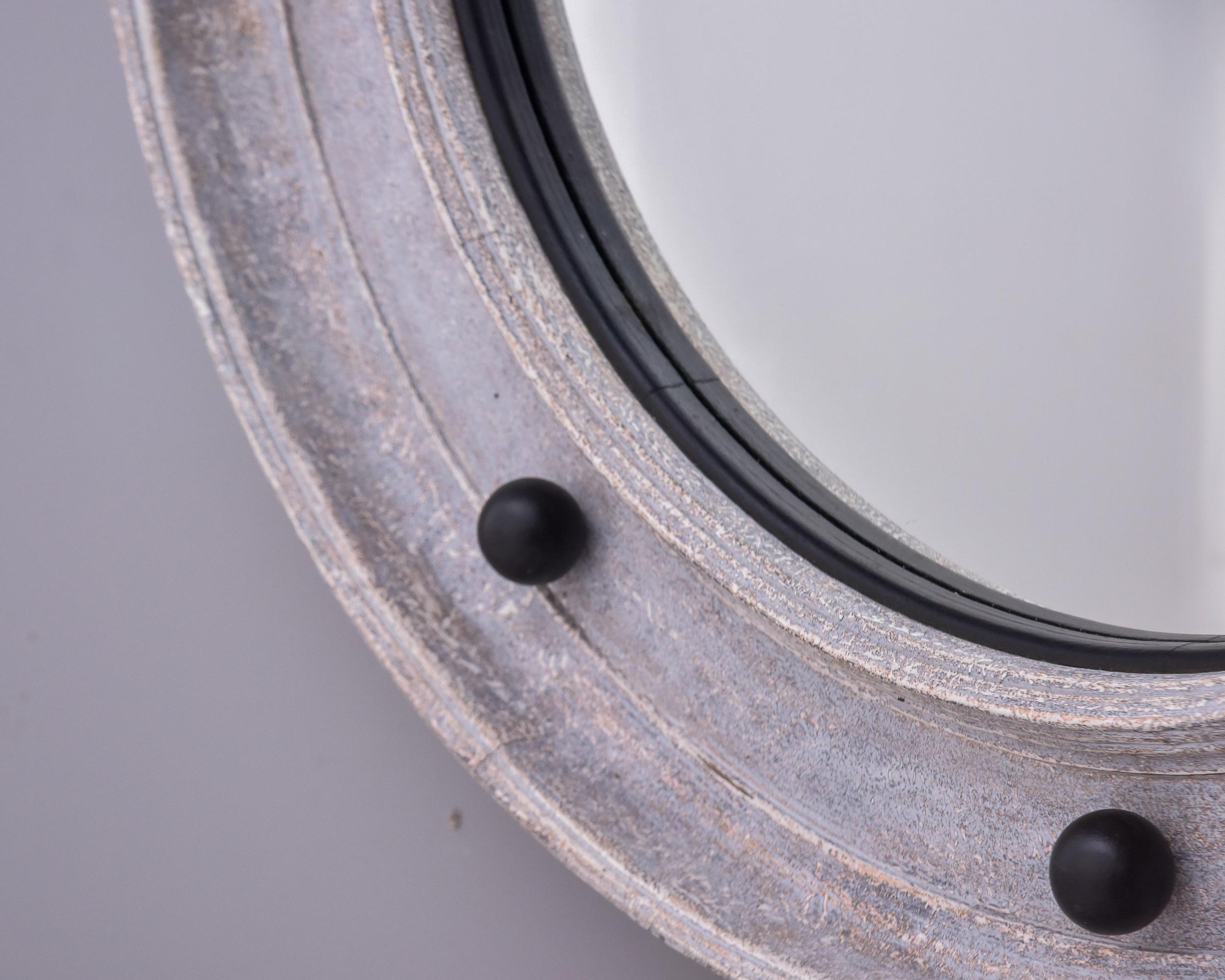 Round Swedish Style Mirror with Gray Paint and Black Spheres In New Condition For Sale In Troy, MI