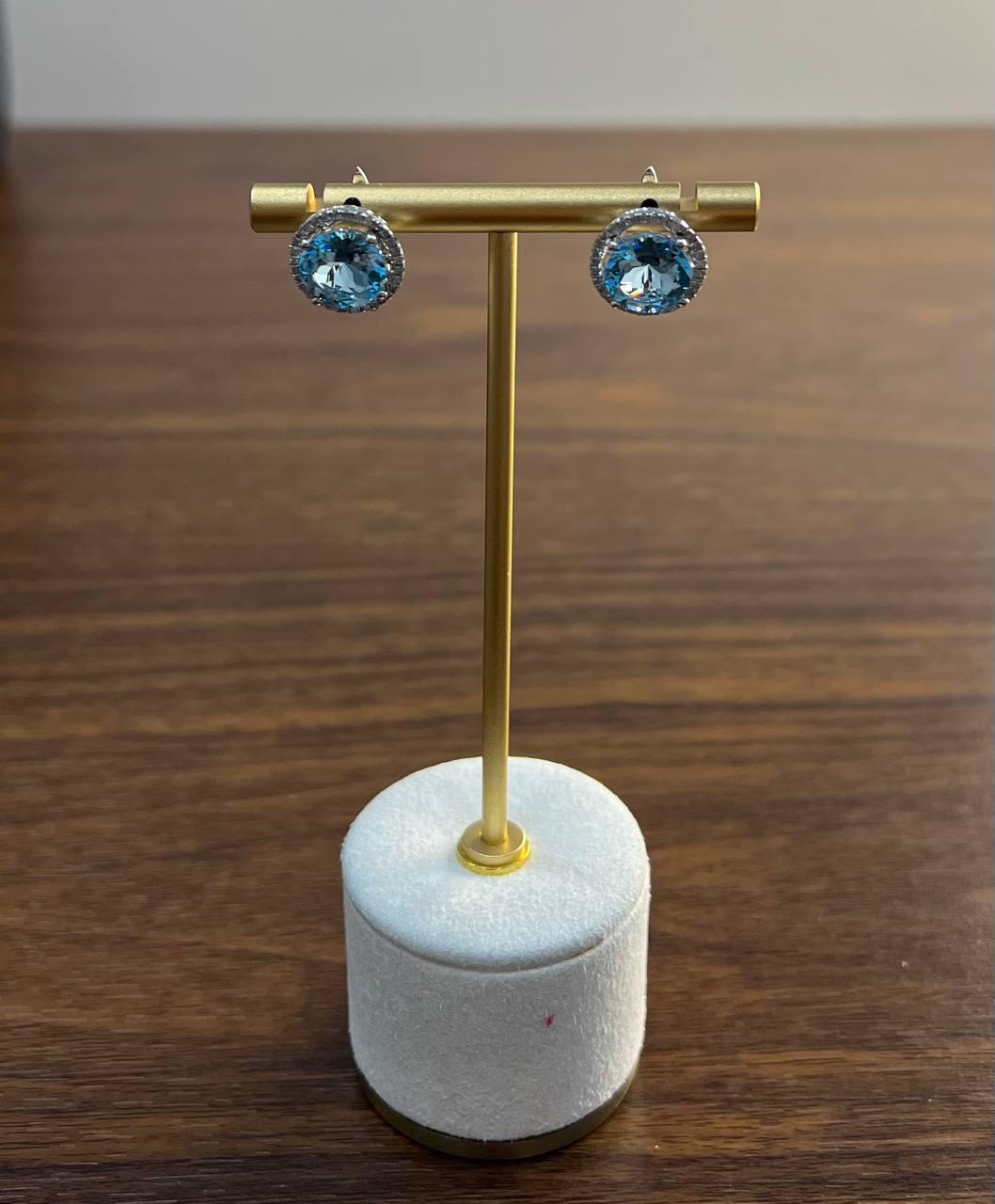 Women's Round Swiss Blue Topaz Diamond Halo 14K White Gold Stud Earrings For Sale