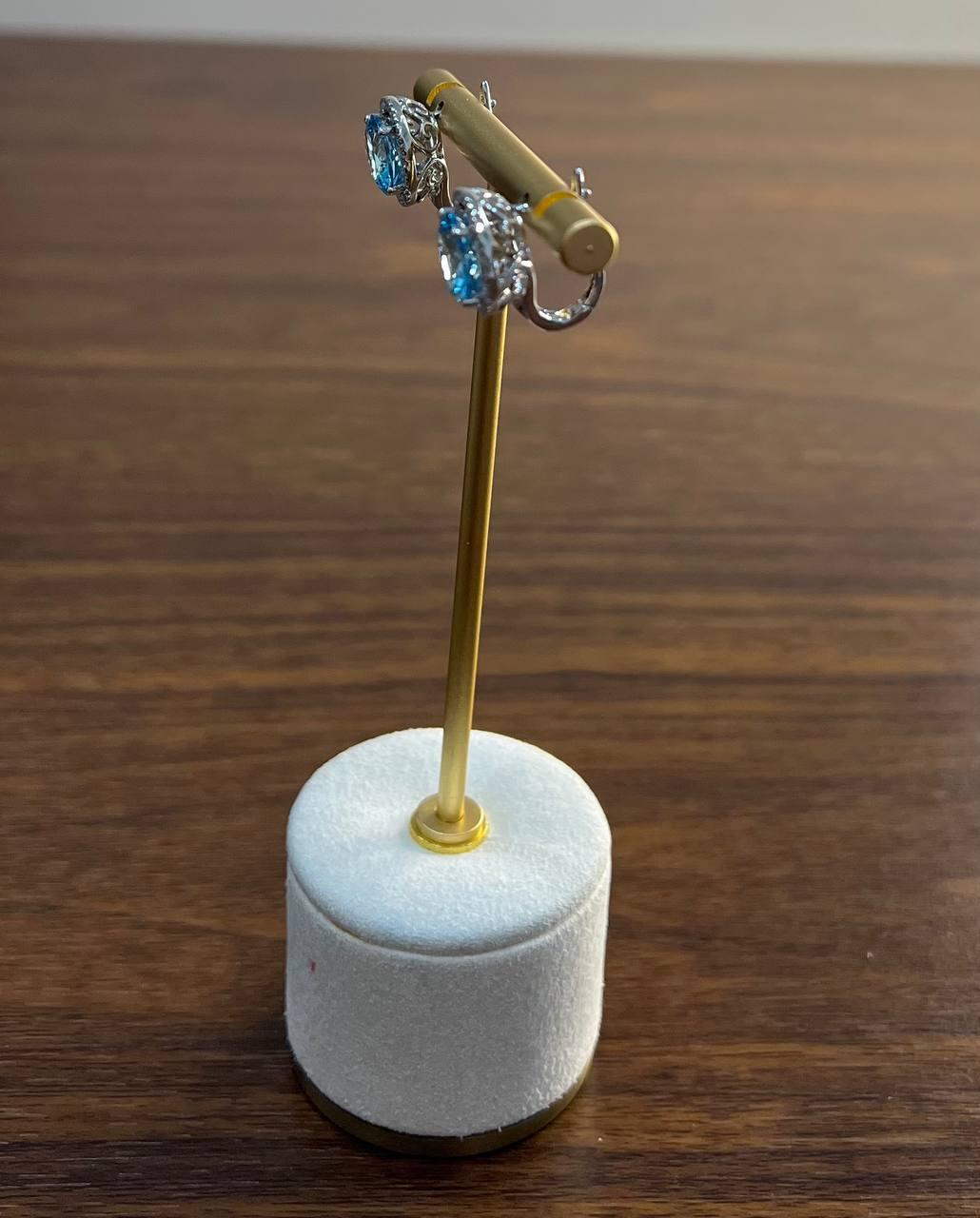 Round Swiss Blue Topaz Diamond Halo 14K White Gold Stud Earrings For Sale 2