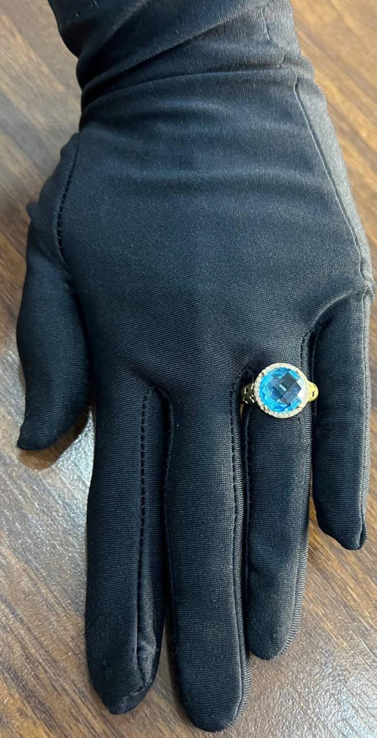 Round Swiss Blue Topaz Diamond Halo 14K Yellow Gold Statement Signet Ring For Sale 5