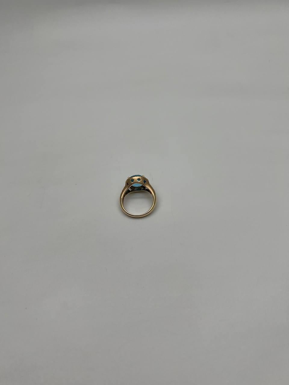 Round Swiss Blue Topaz Diamond Halo 14K Yellow Gold Statement Signet Ring For Sale 7