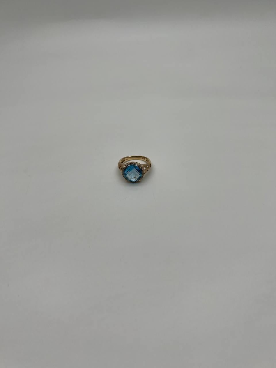 Round Swiss Blue Topaz Diamond Halo 14K Yellow Gold Statement Signet Ring For Sale 8