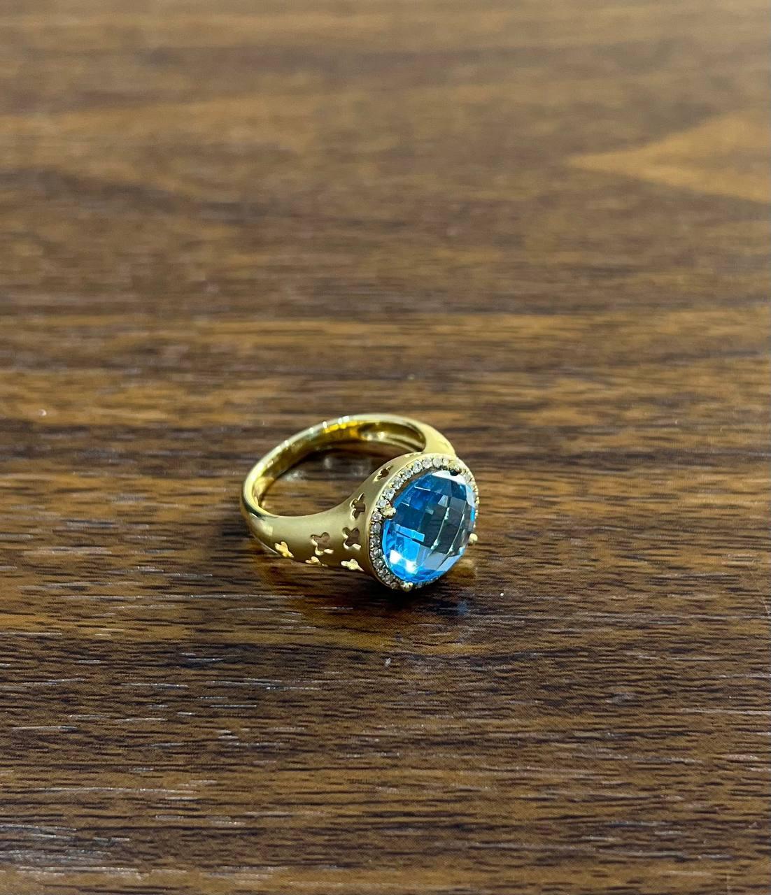 Women's Round Swiss Blue Topaz Diamond Halo 14K Yellow Gold Statement Signet Ring For Sale