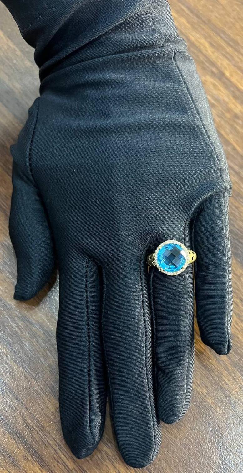 Round Swiss Blue Topaz Diamond Halo 14K Yellow Gold Statement Signet Ring For Sale 1