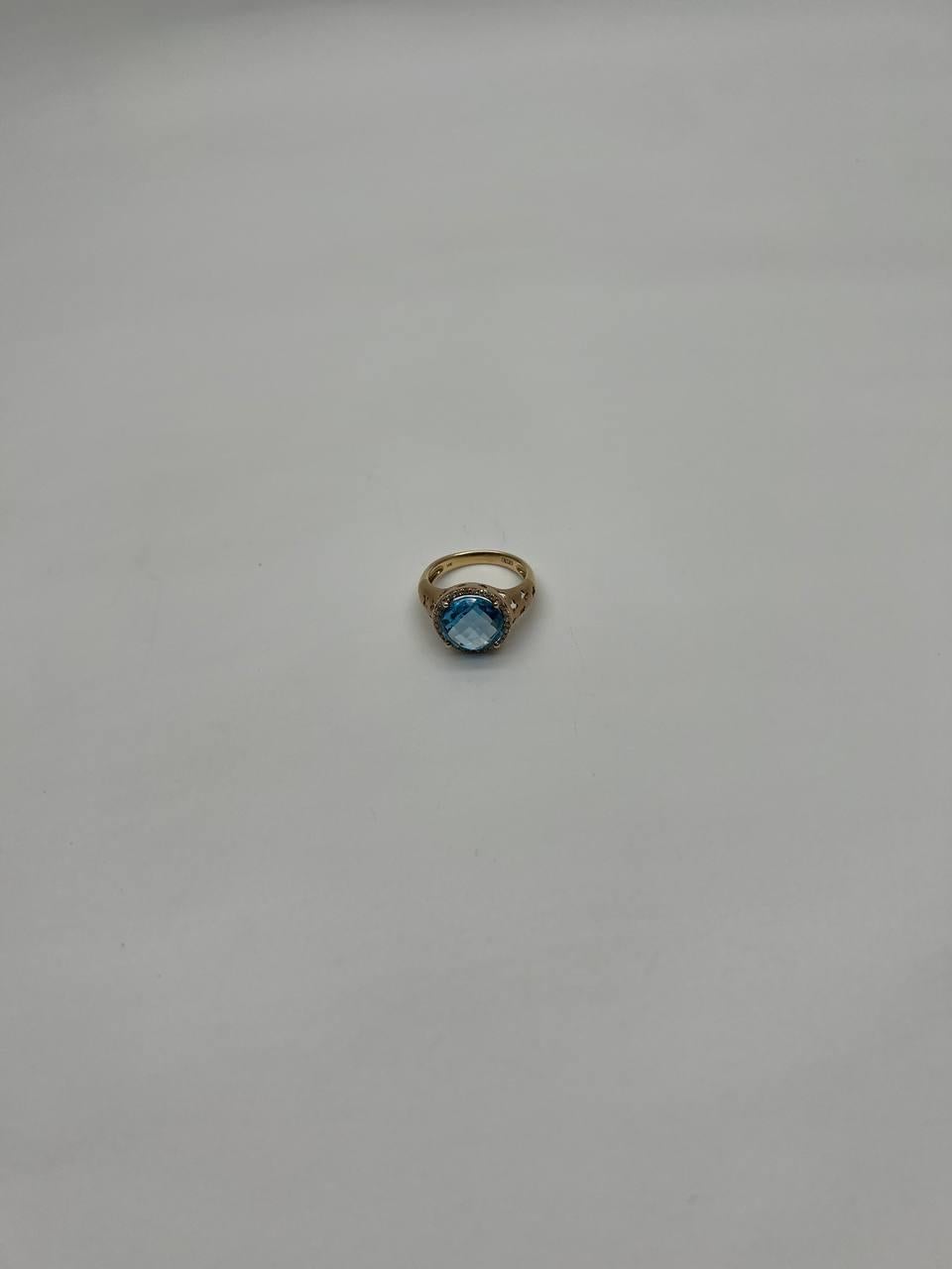 Round Swiss Blue Topaz Diamond Halo 14K Yellow Gold Statement Signet Ring For Sale 4