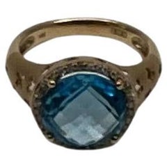 Round Swiss Blue Topaz Diamond Halo 14K Yellow Gold Statement Signet Ring