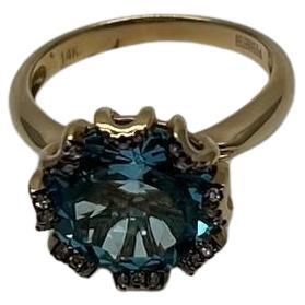 Round Swiss Blue Topaz Floral Flower Setting 14K Yellow Gold Diamonds Ring For Sale