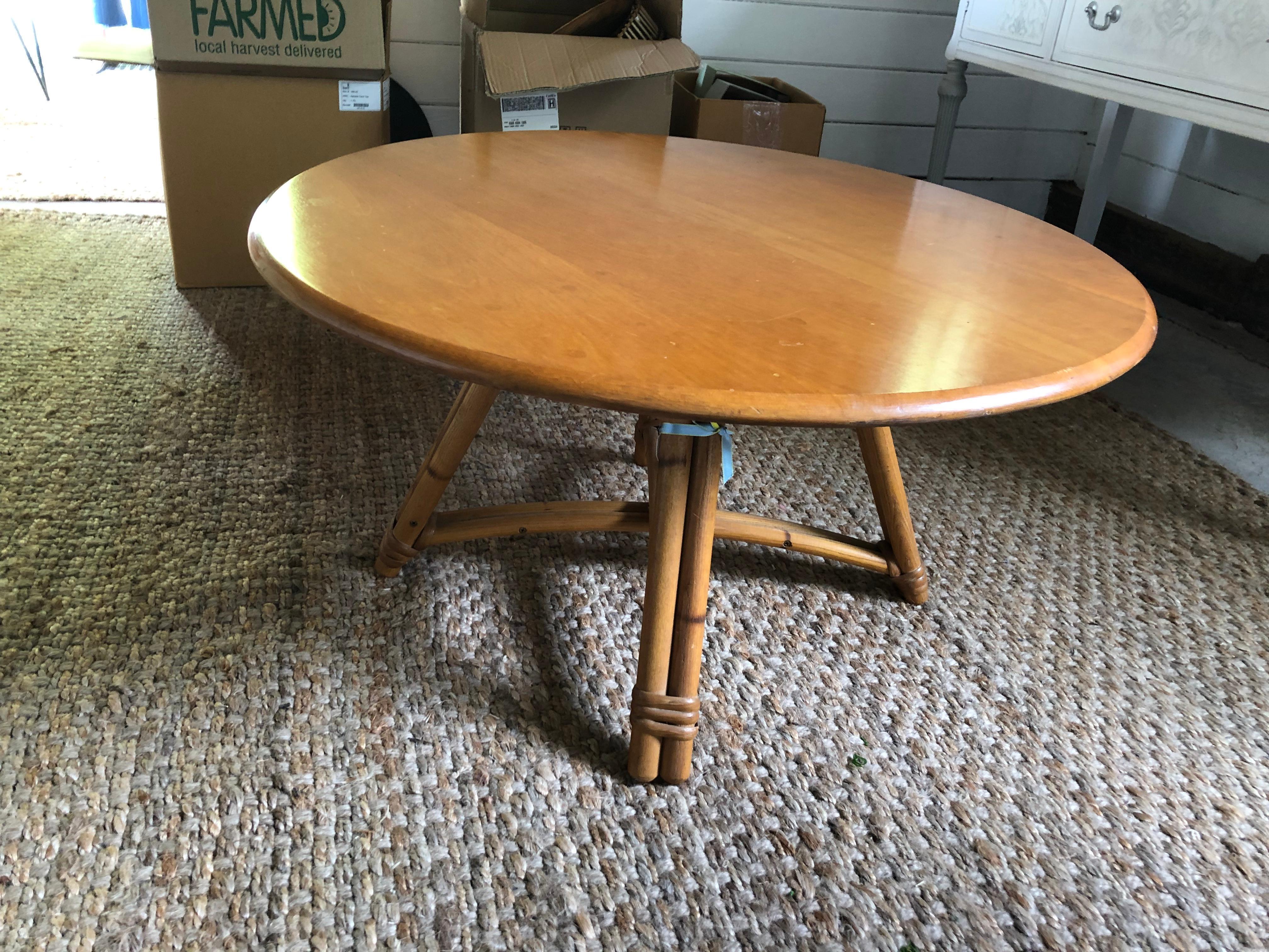 Round Swivel Solid Oak & Bamboo Base Coffee Table by Heywood Makefield For Sale 2