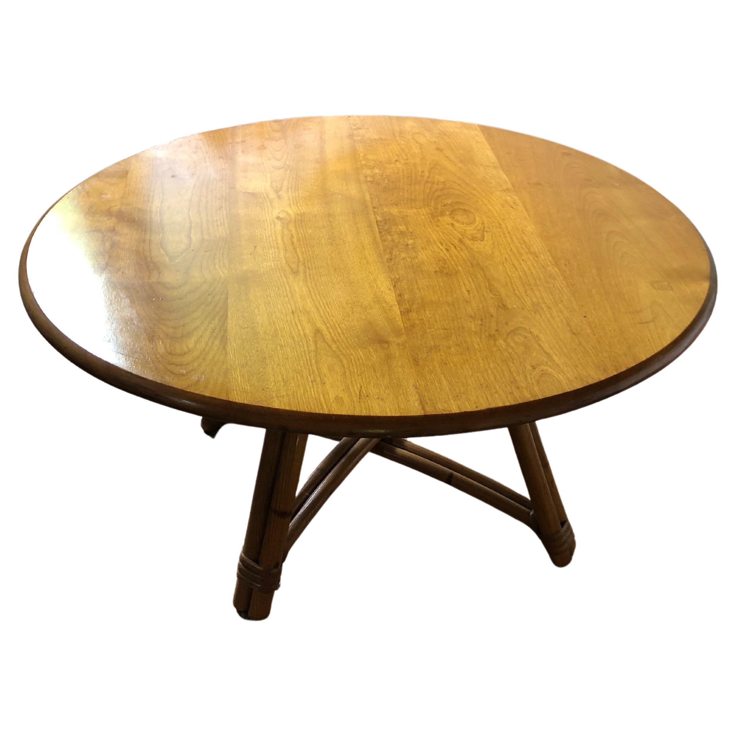 Round Swivel Solid Oak & Bamboo Base Coffee Table by Heywood Makefield For Sale