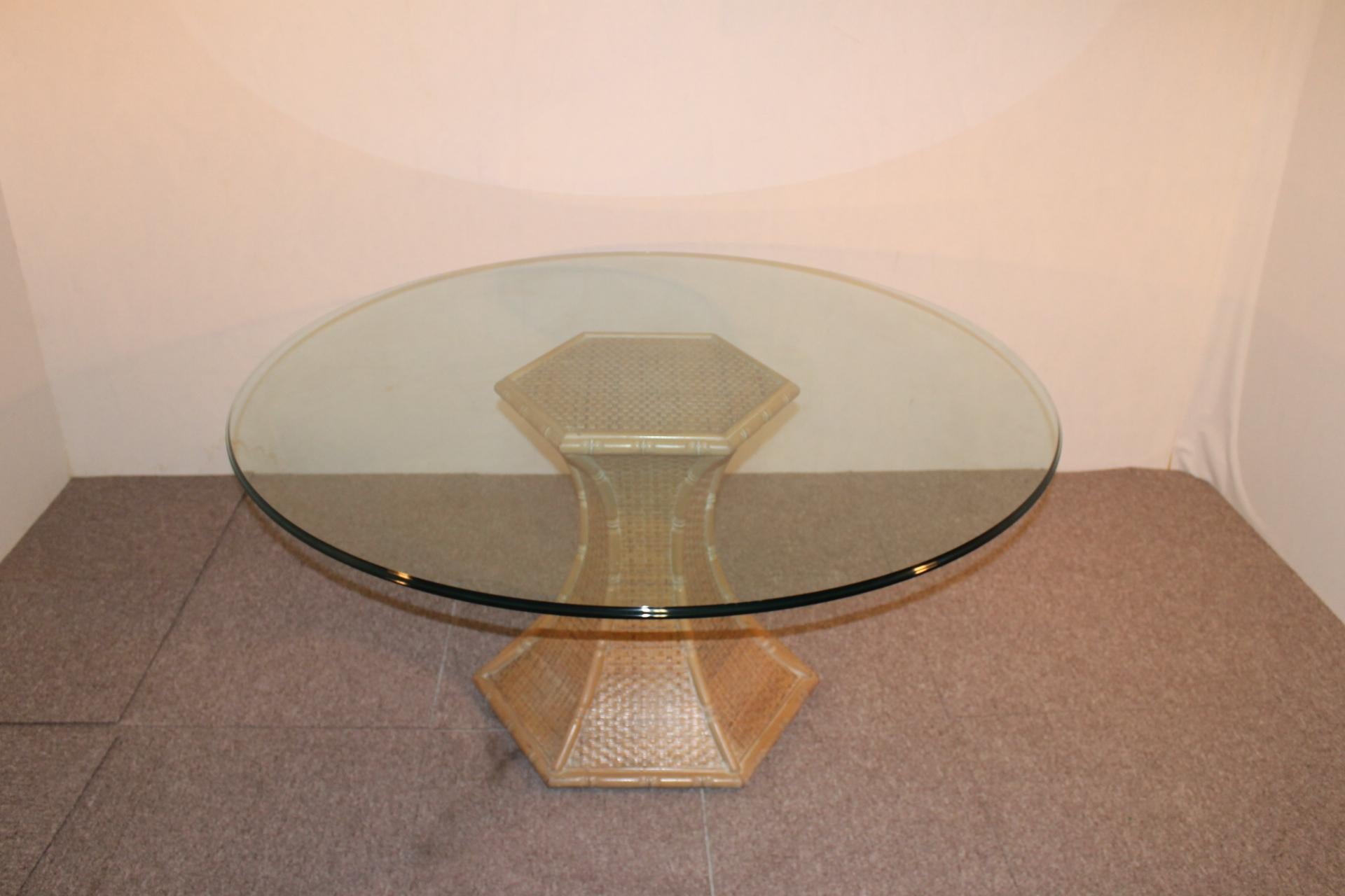 20th Century Round Table, Bamboo Base, Large Glass Top, 1970 For Sale