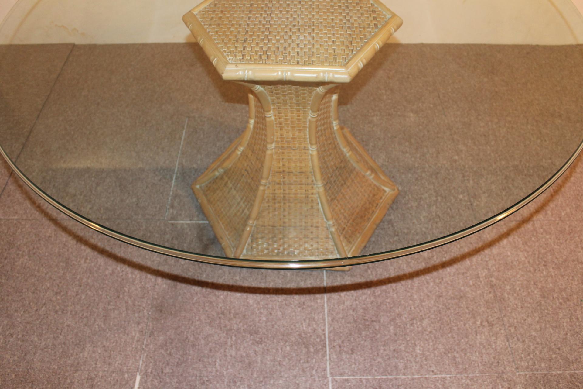 Faux Bamboo Round Table, Bamboo Base, Large Glass Top, 1970 For Sale