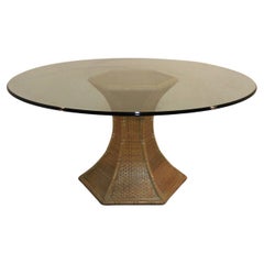 Table ronde, base en bambou, grand plateau en verre, 1970