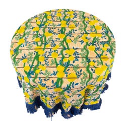 Round Table Cloth with Lemon Pattern and Blue Fringe