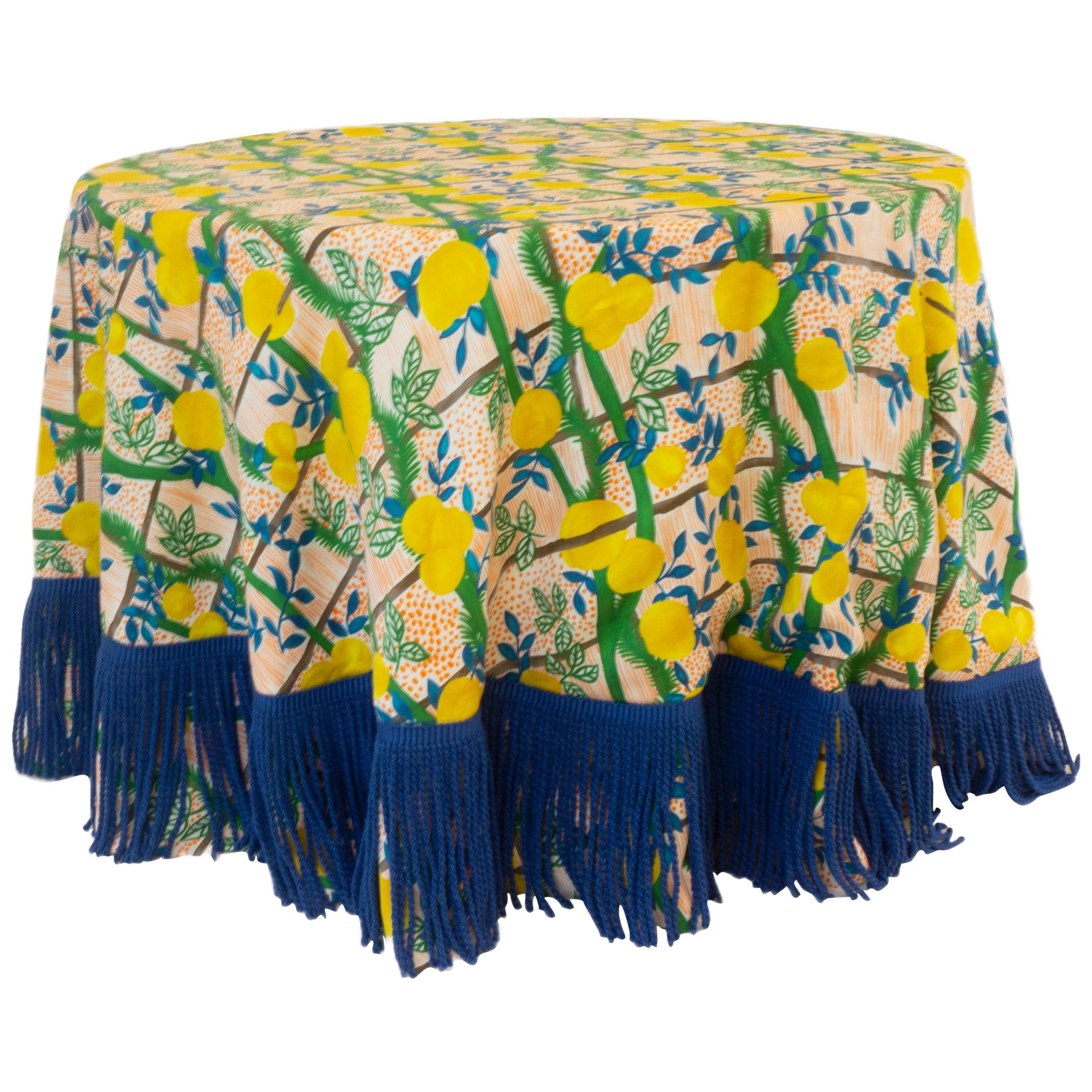 Round Table Cloth with Lemon Pattern and Blue Fringe