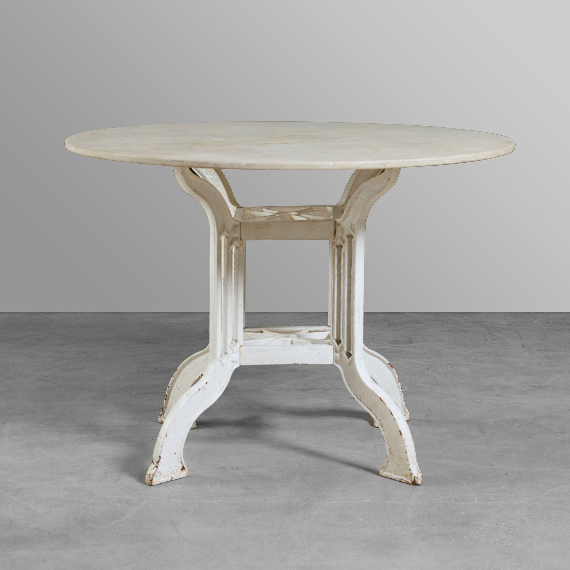 Decoratie cast iron garden table. Base with original marble top. Great design and patina.