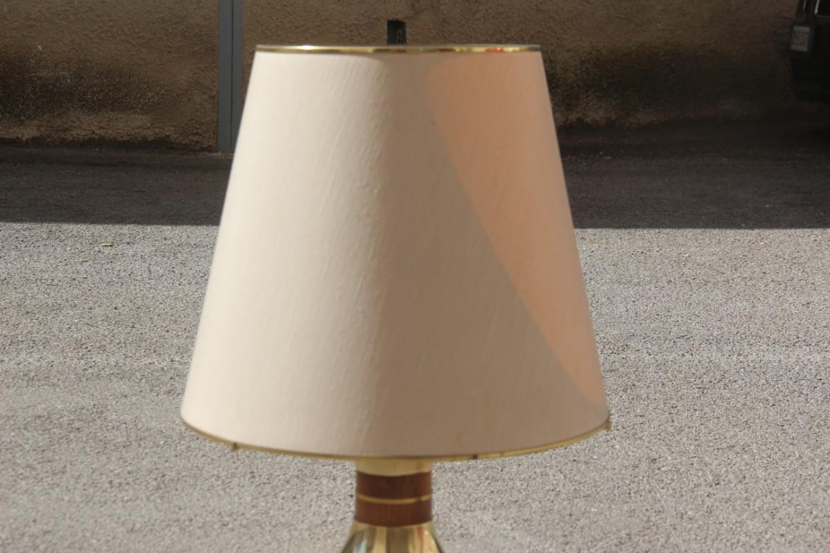 Round Table Lamp Brass Wood Shantung Dome Italian Design 1970 Gold Cone In Good Condition For Sale In Palermo, Sicily