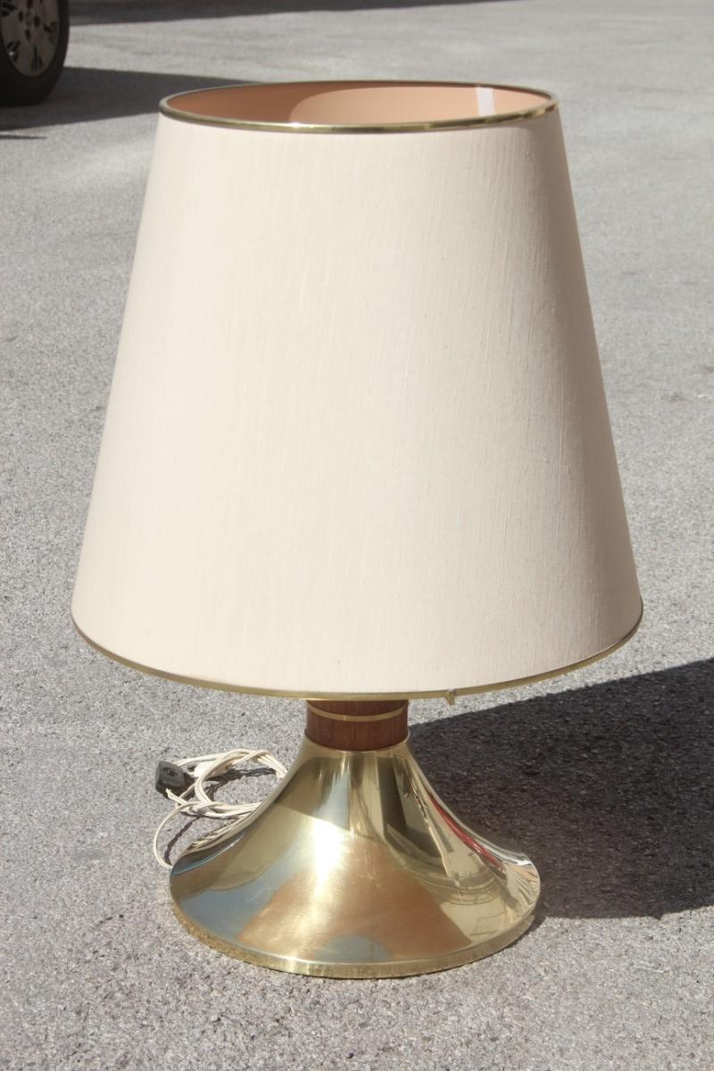 Late 20th Century Round Table Lamp Brass Wood Shantung Dome Italian Design 1970 Gold Cone For Sale