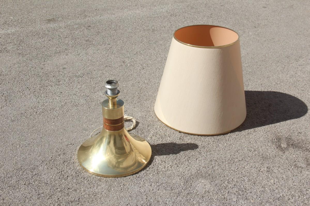 Round Table Lamp Brass Wood Shantung Dome Italian Design 1970 Gold Cone For Sale 2