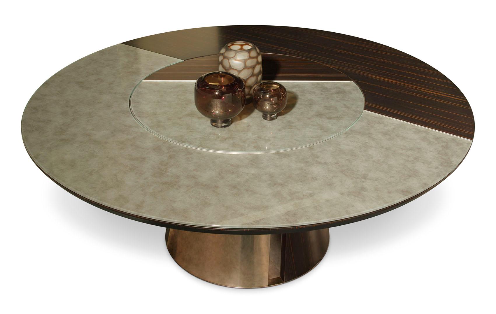Modern Round Table Metal Frame Legs Glossy or Satin Ebony or Oak Customizable For Sale