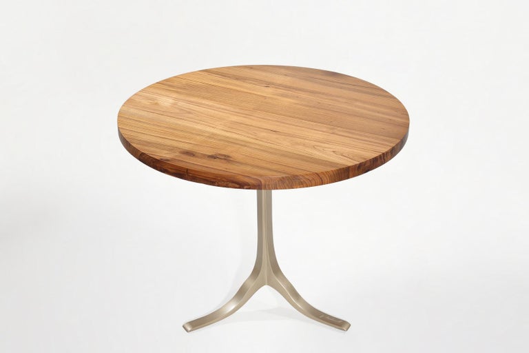 Mid-Century Modern Round Table, Reclaimed Hardwood and Sand Cast Brass Base For Sale