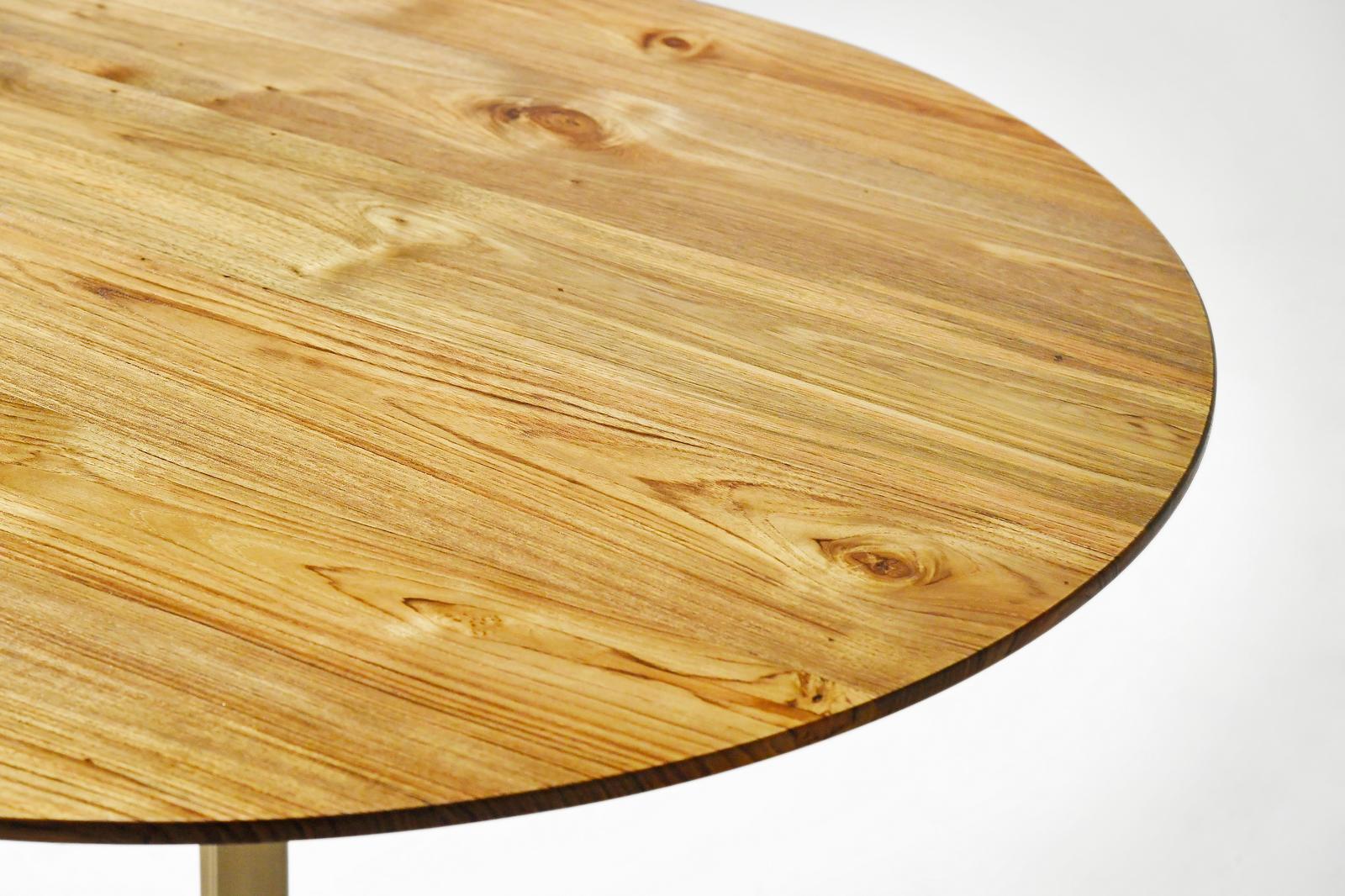 Round Table, Reclaimed Light Teak wood and Sand Cast Brass Base by P. Tendercool For Sale 4